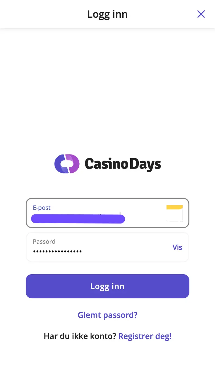 Casino Days innlogging — mobilvisning